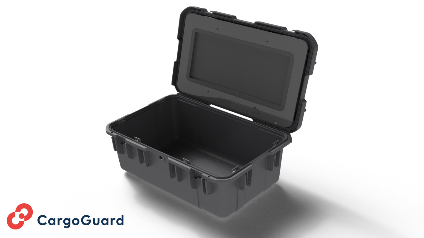 CargoShield: Sehr robuste Kunststoff-Boxen mit Verschluss- und Sendeelektronik. Die Mehrpunktsicherheitsverriegelung verhindert ungewollten Zugriff.